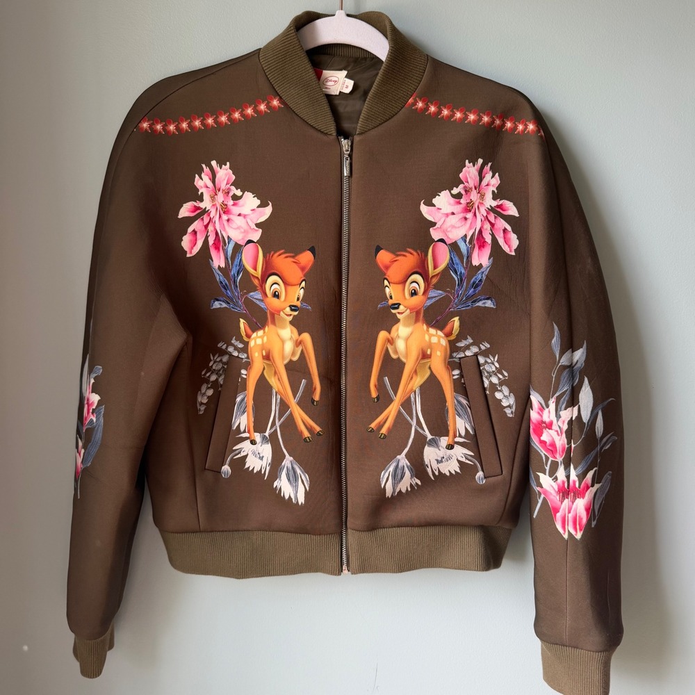 Disney Ochirly Bambi Bomber Jacke Brown Embroidered Floral Scuba Full Zip Medium